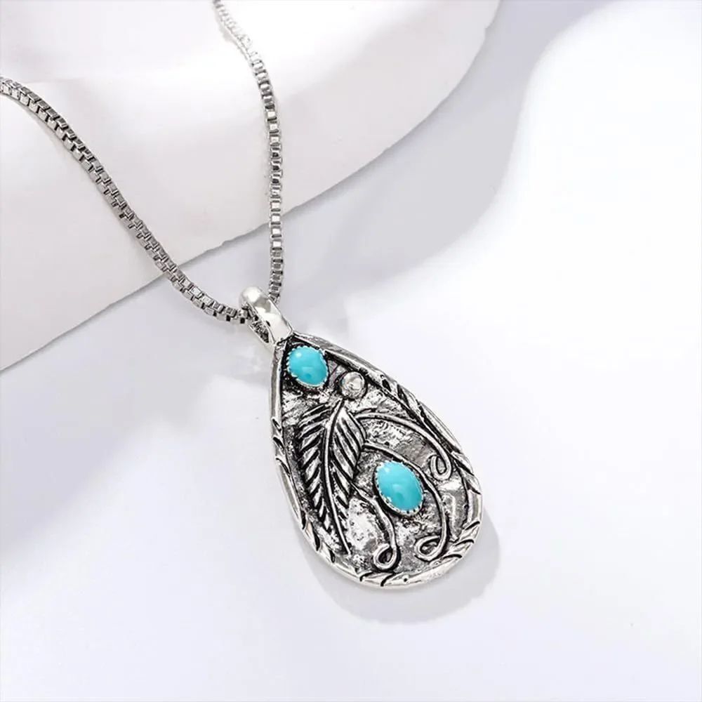Western Necklace Turquoise Feather Charm Pendant Silver Tone NWOT